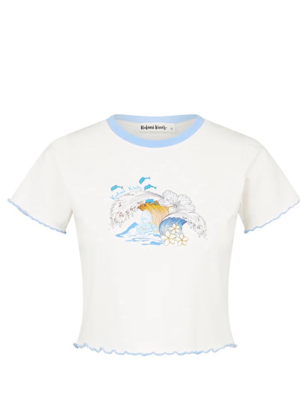 Kulani Kinis White Crop Top with Light Blue Trim and Surf Graphic